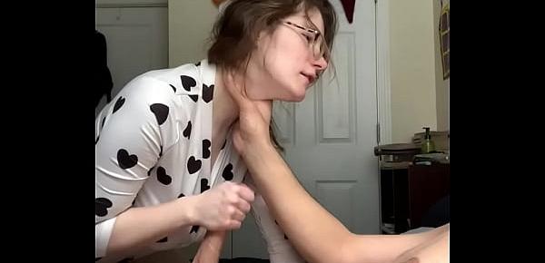  Busty Nerd Strokes Huge Cock in Tiny Bodysuit